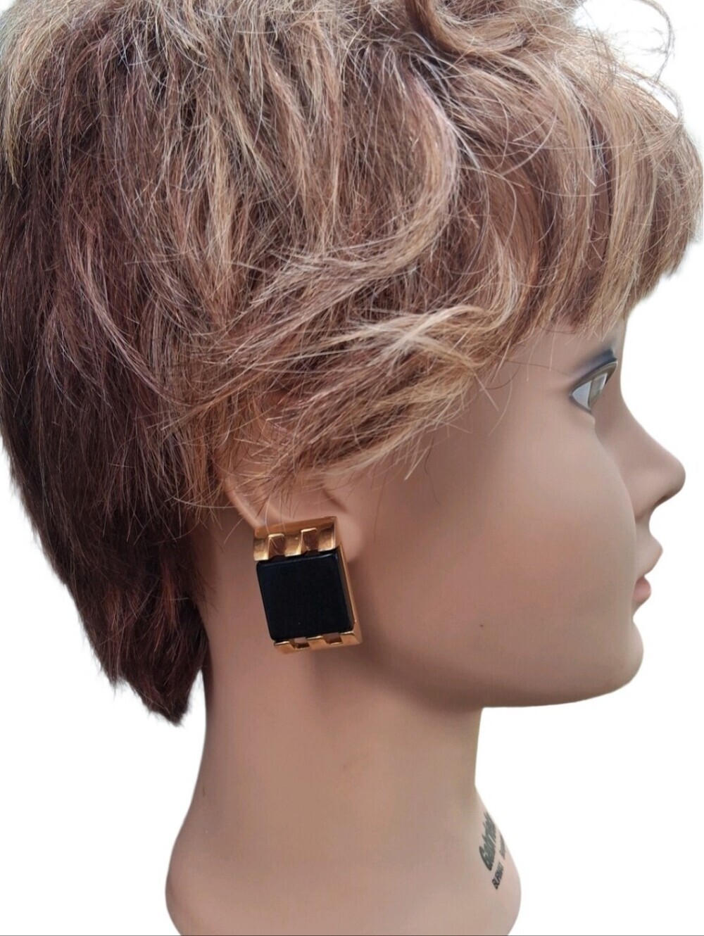 Vintage Pierre Cardin Black Lucite Gold Tone Square Geometric Clip On Earrings
